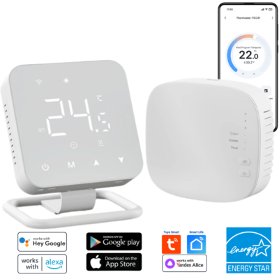 Termostat smart wireless BIRAI MirrorTherm WiFi cu receiver, control prin telefon Tuya Alexa Google Home, pentru centrala pe gaz, design oglinda