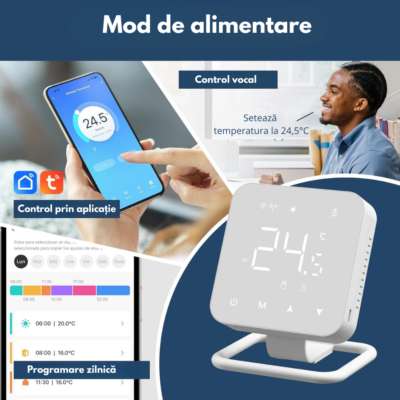 Termostat Smart WiFi BIRAI® MirrorTherm, Wireless, Control prin Telefon, Tuya, Alexa, Google Home, Receiver Inclus, Alb - imagine 5