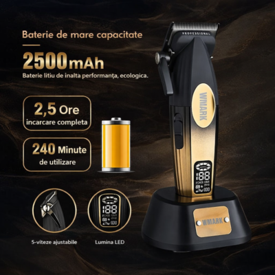 Trimmer Profesional BIRAI Golden Mirage, 9000 RPM, Lame Titan, LED, USB, Negru-Gold - imagine 4