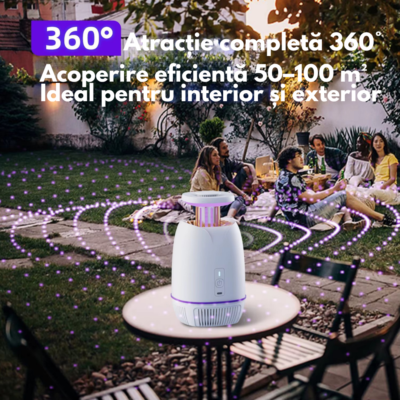 Aparat anti tantari Birai Bug Zapper 360 cu lampa UV si ventilator, USB-C, interior exterior