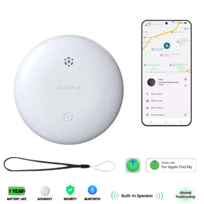 Dispozitiv Anti-Pierdere BIRAI SafeTag, Compatibil IOS, cu Localizare GPS Tracker, Acoperire Globala, Bluetooth, Fara SIM, Aplicatie AppleFind my, pentru Copii, Batrani, Animale de Companie, Chei, Bagaje, cu Baterie inclusa, Suport din Silicon inclus, Alb