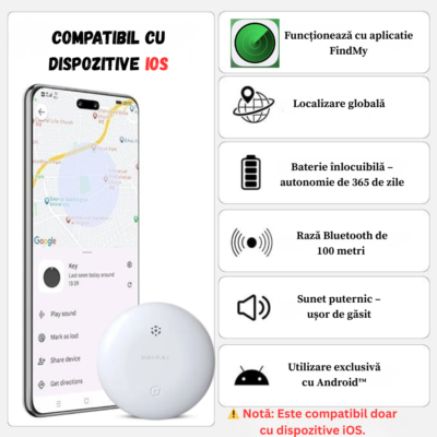 Dispozitiv Anti-Pierdere BIRAI SafeTag, Compatibil IOS, cu Localizare GPS Tracker, Acoperire Globala, Bluetooth, Fara SIM, Aplicatie AppleFind my, pentru Copii, Batrani, Animale de Companie, Chei, Bagaje, cu Baterie inclusa, Suport din Silicon inclus, Alb - imagine 2