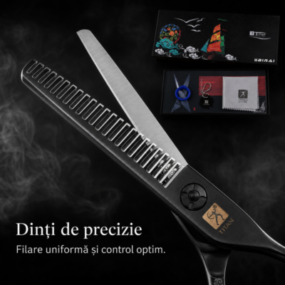 Set Profesional Foarfece BIRAI® Titan, Foarfeca de Tuns si Filat, Otel Japonez 440C, 60-63 HRC, Ergonomic, Negru - imagine 3
