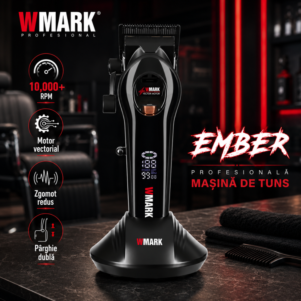 Masina de Tuns Profesionala BIRAI® Ember WMARK, Motor Vectorial 10.000 RPM, Autonomie 240 Min, Ecran LED, Baza Incarcare, Negru - imagine 4