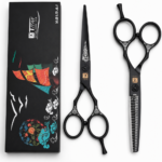 Set Profesional Foarfece BIRAI® Titan, Foarfeca de Tuns si Filat, Otel Japonez 440C, 60-63 HRC, Ergonomic, Negru
