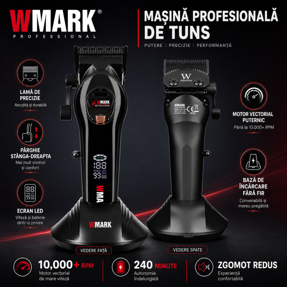 Masina de Tuns Profesionala BIRAI® Ember WMARK, Motor Vectorial 10.000 RPM, Autonomie 240 Min, Ecran LED, Baza Incarcare, Negru - imagine 5