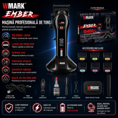 Masina de Tuns Profesionala BIRAI® Ember WMARK, Motor Vectorial 10.000 RPM, Autonomie 240 Min, Ecran LED, Baza Incarcare, Negru - imagine 6