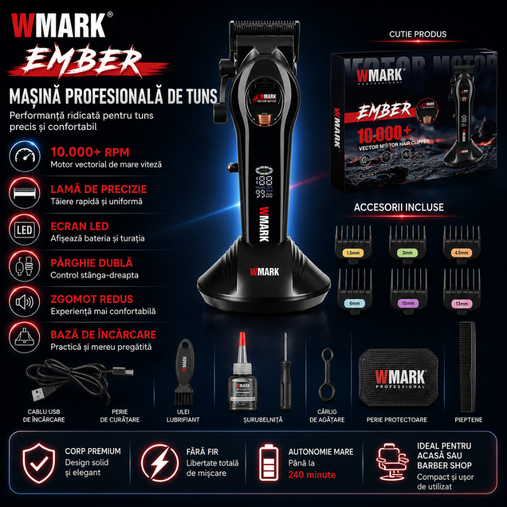 Masina de Tuns Profesionala BIRAI® Ember WMARK, Motor Vectorial 10.000 RPM, Autonomie 240 Min, Ecran LED, Baza Incarcare, Negru - imagine 6