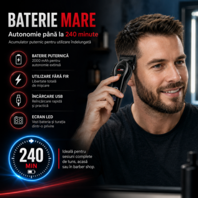 Masina de Tuns Profesionala BIRAI® Ember WMARK, Motor Vectorial 10.000 RPM, Autonomie 240 Min, Ecran LED, Baza Incarcare, Negru - imagine 2