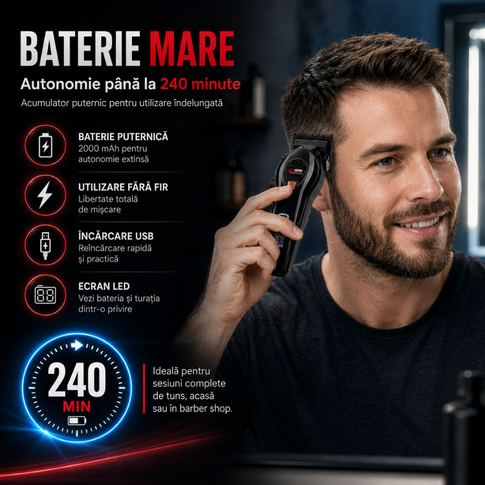 Masina de Tuns Profesionala BIRAI® Ember WMARK, Motor Vectorial 10.000 RPM, Autonomie 240 Min, Ecran LED, Baza Incarcare, Negru - imagine 2