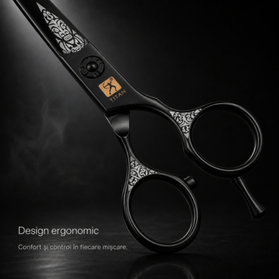 Foarfeca Profesionala de Tuns BIRAI® Titan, Otel Japonez 440C, 60-63 HRC, Ergonomica, Negru - imagine 5