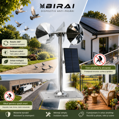 Aparat Anti-Porumbei BIRAI® SkyGuard, Dispozitiv Solar Anti-Pasari 360°, Reflectoare Rotative, pentru Acoperis, Curte si Gradina - imagine 3