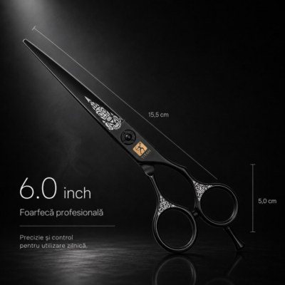 Foarfeca Profesionala de Tuns BIRAI® Titan, Otel Japonez 440C, 60-63 HRC, Ergonomica, Negru - imagine 6