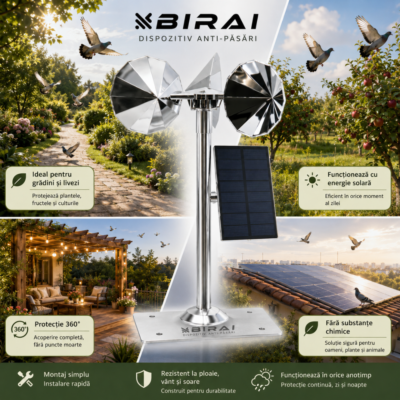 Aparat Anti-Porumbei BIRAI® SkyGuard, Dispozitiv Solar Anti-Pasari 360°, Reflectoare Rotative, pentru Acoperis, Curte si Gradina - imagine 5