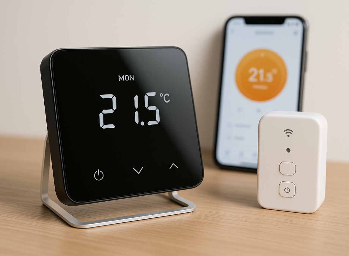 Termostat Smart WiFi BIRAI® MirrorTherm, Wireless, Control prin Telefon, Tuya, Alexa, Google Home, Receiver Inclus, Negru – Termostat WiFi: economii reale la factura de gaz